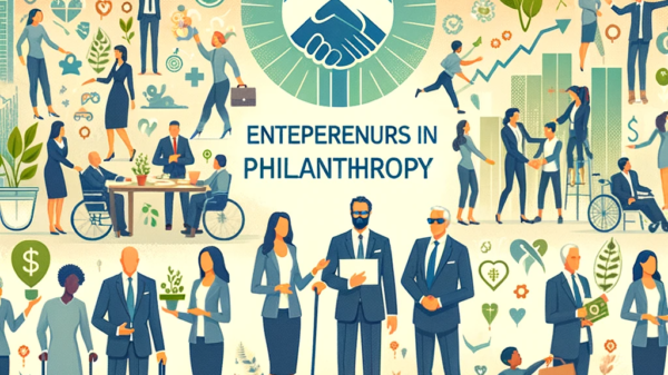 The generated image vividly captures the theme of "Entrepreneurs in Philanthropy," illustrating how business leaders are actively engaging in philanthropic activities and contributing to the greater social good.