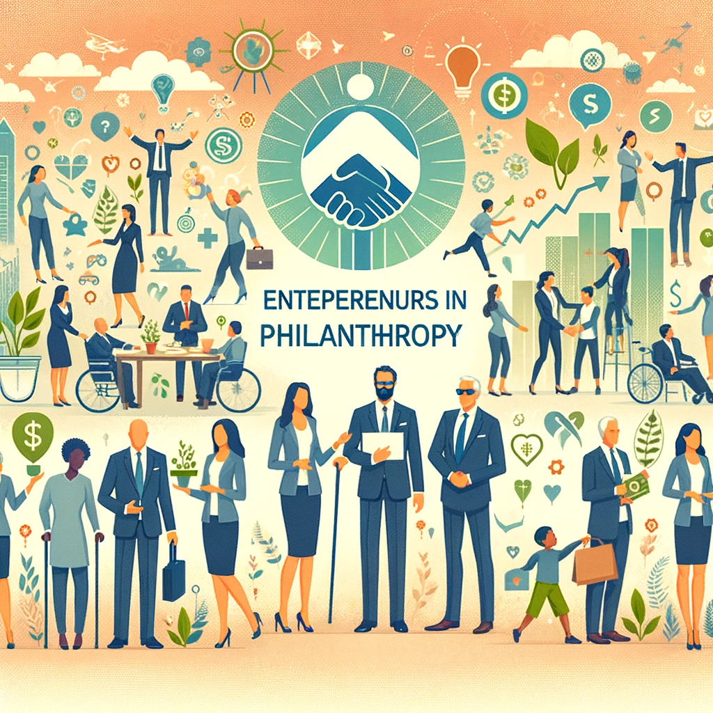 The generated image vividly captures the theme of "Entrepreneurs in Philanthropy," illustrating how business leaders are actively engaging in philanthropic activities and contributing to the greater social good.